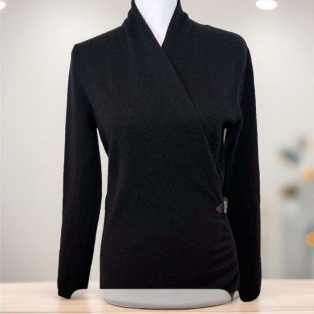 Ply Cashmere Black 100% Cashmere Faux Wrap w/Buckle V-Neck Pullover Sz: L